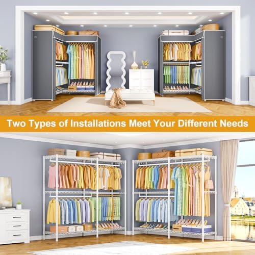 ULIFHOME E15C Garment Rack L Shaped Clothes Rack for Corner，Freestanding Clothing Racks for Hanging Clothes，Heavy Duty Closet Organizer 43.4"W x 15.8"D x 78.4"H，White Rack with Grey Dustproof Cover - Image 5