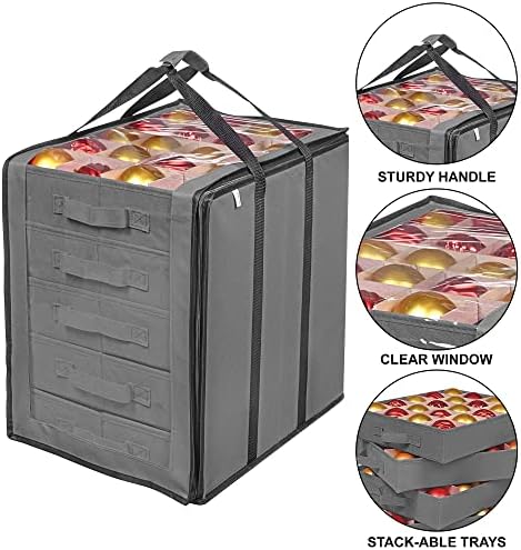 ProPik Christmas Ornament Storage Boxes with Dividers - 5 Separate Trays - Ornament Holder - Keeps 100 Holiday Ornaments - Durable Carrying Bag Handles Organizer Storage Box (Gray) - Image 4