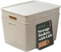 BINO | Plastic Storage Baskets with Lids, 45 Liter - 3 Pack, Natural | THE WOVEN COLLECTION | Storage Basket for Shelves | Woven Storage Baskets for Organizing Bins | Pantry Shelf Organizer Bin by BINO