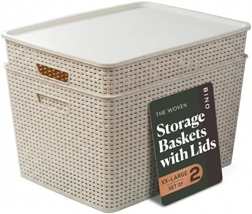 BINO | Plastic Storage Baskets with Lids, 45 Liter - 3 Pack, Natural | THE WOVEN COLLECTION | Storage Basket for Shelves | Woven Storage Baskets for Organizing Bins | Pantry Shelf Organizer Bin by BINO