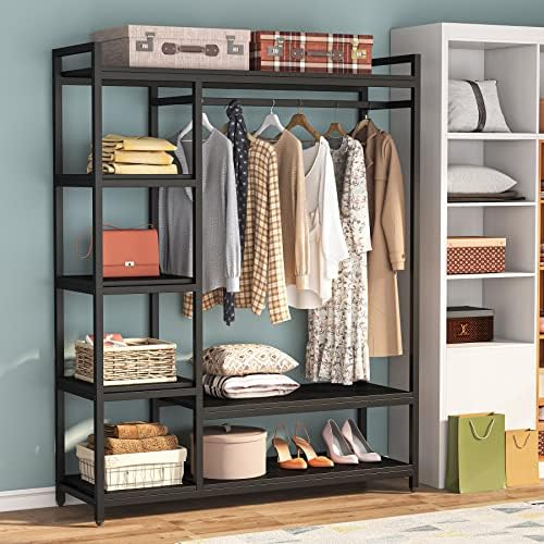 LITTLE TREE Free Standing Wood Closet Clothes Rack,Heavy Duty Grament Rack with Shelves,Hanging Racks for Clothes Clothing Rack for Bedrom,Wardrobe Closet Organizer,350 lb Capacity,Black by LITTLETREE