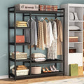 LITTLE TREE Free Standing Wood Closet Clothes Rack,Heavy Duty Grament Rack with Shelves,Hanging Racks for Clothes Clothing Rack for Bedrom,Wardrobe Closet Organizer,350 lb Capacity,Black by LITTLETREE