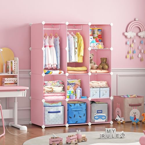 VIPZONE Baby Dresser, Kids Closet Organizers, Portable Kids Wardrobe for Closet, Bedroom, Nursery, Cubby, Cabinet, Clothes, Dress, Baby Storage Shelf, Armoire Clothes Hanging (12 Cube, Pink) - Image 3