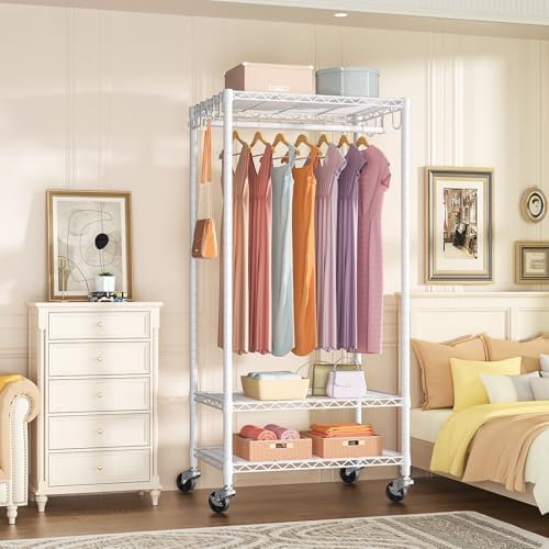 FUTASSI Rolling Clothes Rack, Clothing Racks for Hanging Clothes, White - Image 2