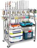 PeBro Fishing Pole Holders, Fishing Rod Holders for Garage, Fishing Rod Holder for Fishing Rod Tackle Box Reel Storage, All-In-One Fishing Rod Rack with Hooks and Wheels by PeBro