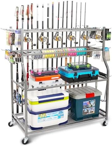 PeBro Fishing Pole Holders, Fishing Rod Holders for Garage, Fishing Rod Holder for Fishing Rod Tackle Box Reel Storage, All-In-One Fishing Rod Rack with Hooks and Wheels by PeBro