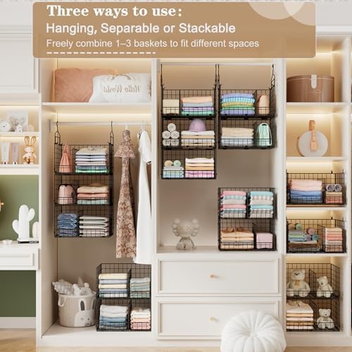 Sonyabecca 3-Tier Extra Large Closet Hanging Organizer with Dividers, Clothes Hanging Shelves with 2 Hanging Hooks & 5 S-Hooks, Wire Storage Baskets for Sweaters, Shoes, Handbags & Accessories - Image 5