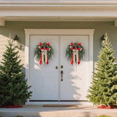 24 Inch Norfolk Pine Wreath with Large Merry Christmas Bow – Real Touch Norfolk Pine Winter Holiday Green Wreath for Front Door, Weatherproof Outdoor Porch Decoration, Includes Storage Bag - Image 6