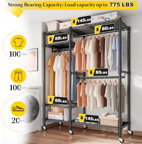 Raybee Clothes Rack with Wheels, Heavy Duty Loads 780LBS, Space-Saving - Image 3