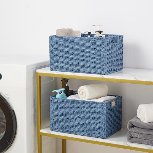 Vagusicc Wicker Storage Basket, Set of 2 Hand-Woven Paper Rope Wicker Basket, Small Storage Baskets for Organizing Toilet Paper Basket, Foldable Large Cube Storage Organizer Bins for Shelves (Blue) - Image 4