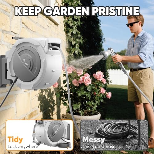 Retractable Garden Hose Reel, 5/8 in x 110FT Heavy Duty Auto Hose Reel Wall Mounted, Upgraded UV Resistant with 10 Pattern Nozzle, Any Length Lock & Slow Return System, 180°Swivel Bracket, Light Grey - Image 3