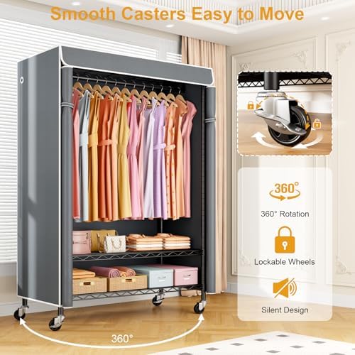 ULIFHOME P6C Plus Rolling Clothes Rack with Cover, Covered Clothing Rack - Image 4