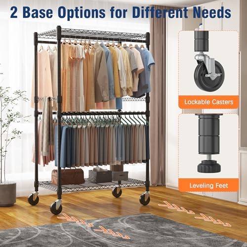 Homdox Heavy Duty Rolling Clothes Rack, Adjustable Clothing Rack for Hanging Clothes, Portable Closet Rack with 4 Hanging Rods, 2 Storage Shelves, 35.5" W x 20.5" D x 80" H, Black - Image 5