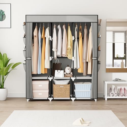 Portable Closet with Cover, 3 Hanging Rods and Side Pocket, Sturdy Free Standing Closet, Grey - Image 2