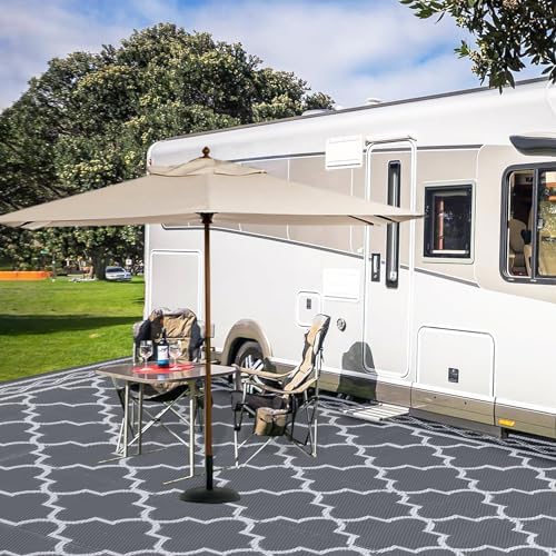 GAOMON Outdoor Plastic Straw Rug, 10'x20' Reversible Sage Green Patio Mat, Flower Modern Design for RV, Backyard, Deck, Camping, Picnic, Grey/White(Geometric) - Image 4