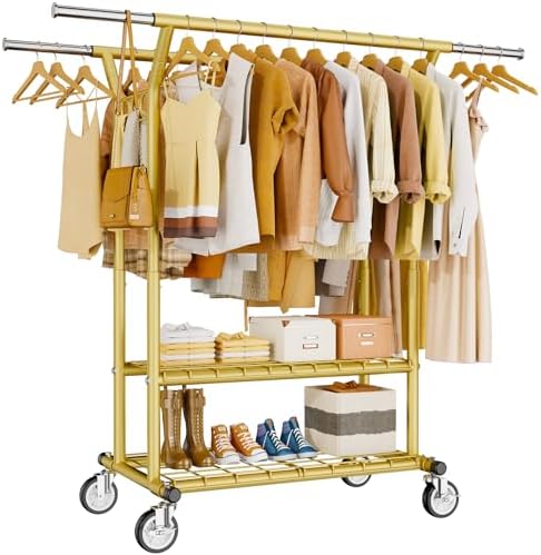 HYSEYY Heavy Duty Clothes Rack, Rolling Clothing Racks With Shelves Load 620 LBS, Double Rod Clothing Racks for Hanging Clothes, Portable& Adjustable Clothes Rack with Wheels Garment Rack,Gold by HYSEYY