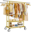 HYSEYY Heavy Duty Clothes Rack, Rolling Clothing Racks With Shelves Load 620 LBS, Double Rod Clothing Racks for Hanging Clothes, Portable& Adjustable Clothes Rack with Wheels Garment Rack,Gold by HYSEYY