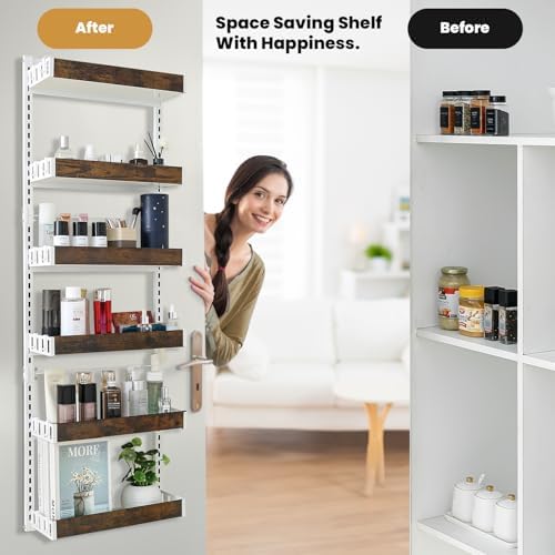 Over-The-Door Organizer – 6-Tier Wooden Pantry Storage Shelf with 12 Hooks, Wall-Mount or Hanging Spice Rack for Kitchen, Bathroom, or Closet - Image 4