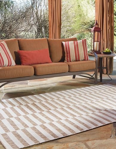 Unique Loom Outdoor Striped Collection Area Rug - Striped (7' 10" x 10' Rectangle Taupe/Ivory) - Image 4