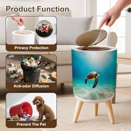 Trash Can with Lid Beautiful Hawaiian Green Sea Turtle Small Garbage Can with Legs Waste Bin Press Cover Wastebasket for Kitchen Bathroom Living Room 7L/1.8 Gallon - Image 6