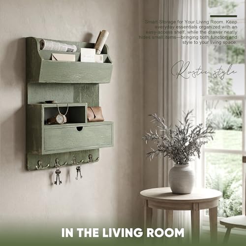 Rebee Vision Pine Wood Key Holder Wall Mount with Drawer & Mail Slot, Green - Image 4