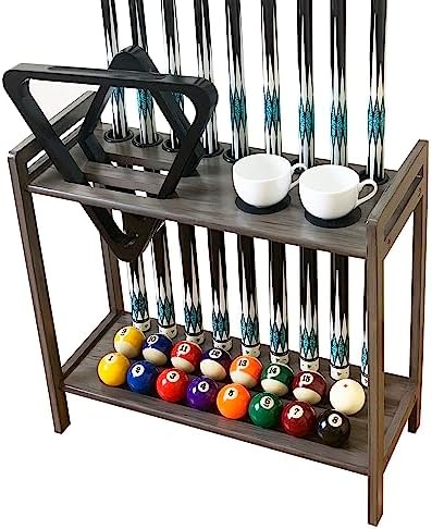 Pool Stick Holder Floor Stand Holds 9 Cues & Pool Table Accessories. Wooden 2-Tier Cue Stick Storage with Ball Rack Hangers, Billiard Cone Chalk Holder or Drink Pads - Image 3