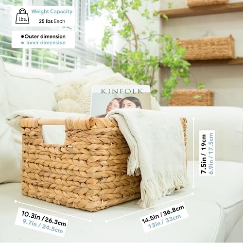 Large Wicker Basket Rectangular with Wooden Handles for Shelves, Water Hyacinth Basket Storage, Natural Baskets for Organizing, Wicker Baskets for Storage 14.5 x 10.3 x 7.5 inches - 3 Pack - Image 6