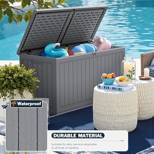 Greesum 260 Gallon HDPE Outdoor Storage Box - Waterproof, Large Capacity Deck Box with Removable Dividers for Patio, Yard, Garden Tools, Light Grey - Image 5