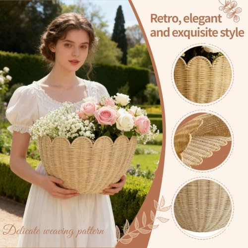Scalloped Wicker Wall Basket - Rattan Hanging Storage Organizer, Decorative Basket for Nursery, Bathroom, Front Door, Perfect for Flowers, Mail, Toys - Image 3