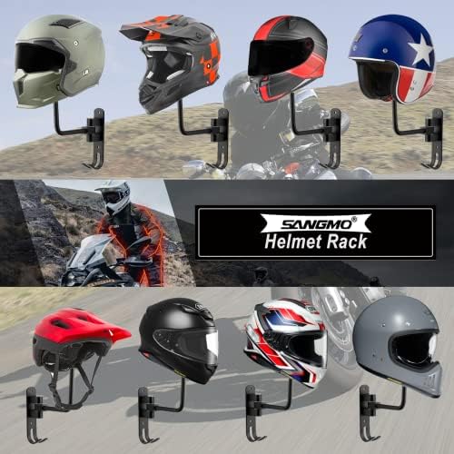 SANGMO 180° Motorcycle Helmet Rack, 4 Pack Rotation Metal Helmet Holder Wall Mount, Helmet Holder Bike with 2 Hooks Helmet Hanger for Motorcycle Bike Coats, Caps, Baseballs, Rugby Helmet (Black) - Image 3