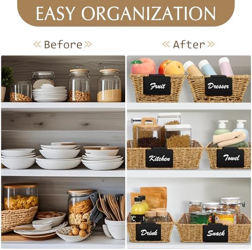 Marsui 9 Pcs Wicker Storage Baskets for Pantry Organization with Handle Labels Handwoven Multi-size Brown Small Organizer Baskets Storage Bins Container for Shelves Closet Toilet Christmas Holiday - Image 6