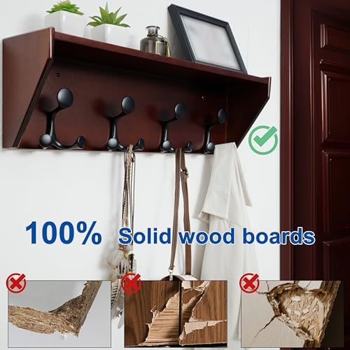 WEBI Wall Shelf with Hooks Underneath,24" Long Wall Mounted Coat Rack with Shelf,Entryway Coat Rack with 4 Triple Hooks for Hanging Coats,Jacket,Hallway,Bedroom,Mudroom,Cherry - Image 4