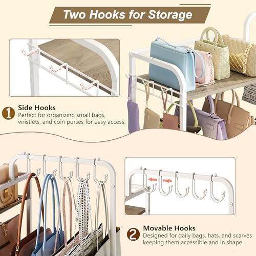 Purse Organizer for Closet, Large Capacity Purse Rack with 2 Purse Hangers and 5 Purse Hooks for Bag Organizer, Freestanding 3-Tier Handbag Organizer for Purse Storage, Ironwood Purse Holder, White - Image 4