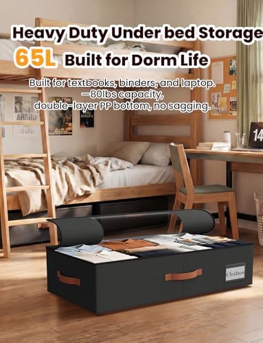 TOSKING 2-Pack Under Bed Storage Drawers with Wheels, 6 Vacuum Bags, 7.9" Height, Large 65L/80 lbs Clear Lid Rolling Bin, 900D Oxford, Space Saver for Dorm Bedroom, Blankets, Clothes, Shoes, Black - Image 4