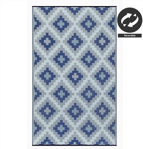 FH Home Outdoor Rug - Waterproof, Fade Resistant, Reversible - Premium Recycled Plastic - Geometric - Patio, Deck, Porch, Balcony, Laundry Room - Aztec Kilim - Blue Multi Crease Free - 5 x 8 ft - Image 5