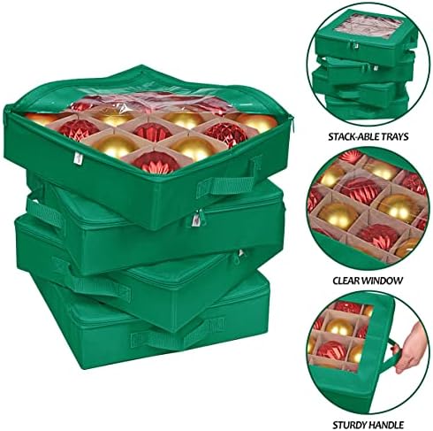 ProPik 4 Pcs Christmas Ornament Storage Boxes with Dividers | 4 Individual Trays Hold 64 Holiday Decoration Balls | Durable Ornaments Organizer Storage Box | Zippered Closure with Handles (Green) - Image 2
