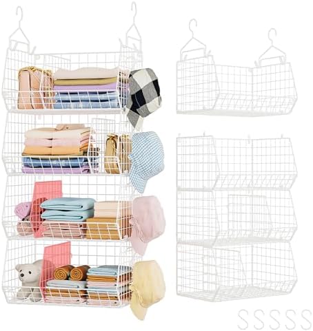 4 Tier Extra Large Hanging Closet Organizer ,Closet Organizer Hanging with 5 S Hooks 4 Dividers,Clothes Organizer Clothing Sweaters Clutches Handbags Hats Accessories-White by Jautokerdar