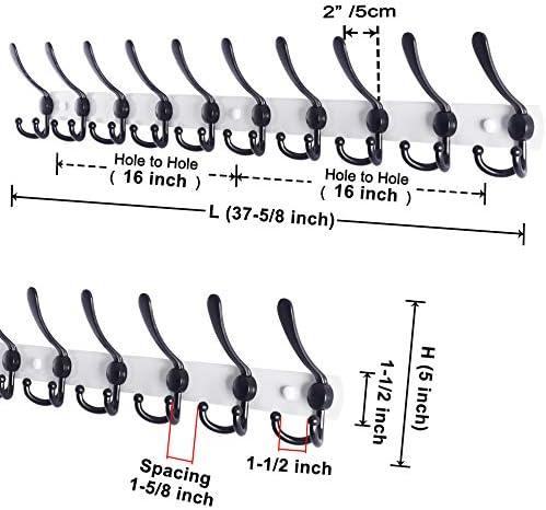 Dseap Coat Rack Wall Mount - 38” Long 10-Tri-Hooks Heavy Duty Coat Hanger Rail Wall Hooks for Hanging Coats Hats Clothing Clothes Purse Mudroom Entryway, White/Black - Image 2