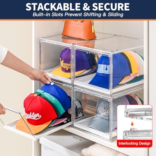 2Pack Ultra Clear Hat Organizer Drawer for Baseball Caps Storage, Heavy Duty Box Stackable with Magnetic Door Dustproof for Closet - Image 4