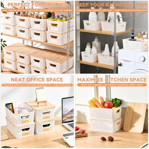 8 Pack Small Plastic Storage Bins with Bamboo Lids, Stackable Plastic Storage Baskets for Organizing with Handles, Organizer Bins with Labels for Room, Craft, Containers for Classroom Storage - Image 6
