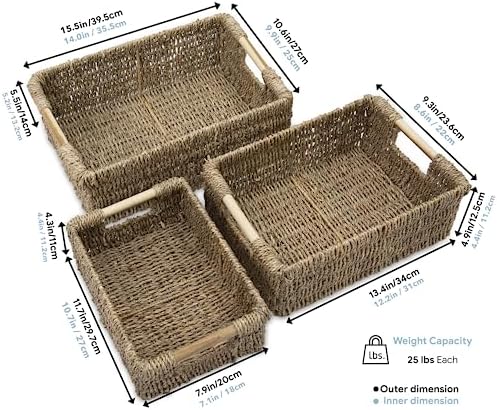 VATIMA Seagrass Baskets with Wooden Handles, Set of 3 Decorative Natural Wicker Baskets for Kitchen - Image 6