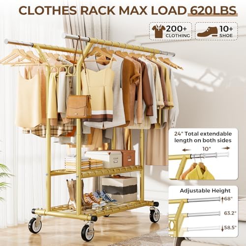 HYSEYY Heavy Duty Clothes Rack, Rolling Clothing Racks With Shelves Load 620 LBS, Double Rod Clothing Racks for Hanging Clothes, Portable& Adjustable Clothes Rack with Wheels Garment Rack,Gold - Image 2