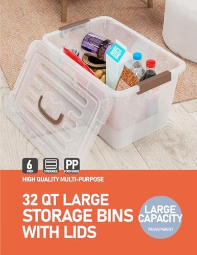 WYT 32 Qt Plastic Clear Storage Bin with Durable Lids and Latching Buckle, 6-Pack Tote Organizing Box Stackable and Nestable - Image 6
