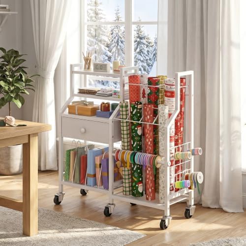 HOOBRO Wrapping Paper Storage Cart, Rolling Gift Wrap Station with Drawer - Image 2