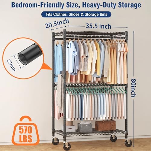 Homdox Heavy Duty Rolling Clothes Rack, Adjustable Clothing Rack for Hanging Clothes, Portable Closet Rack with 4 Hanging Rods, 2 Storage Shelves, 35.5" W x 20.5" D x 80" H, Black - Image 2
