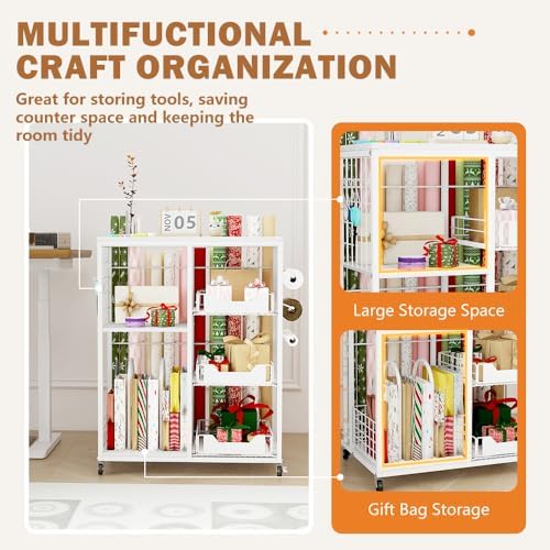 Wrapping Paper Organizer Storage with Wheels, Rolling Gift Wrap Cart with Ribbon and Gift Bag Storage, Craft Organization with 20 Roll Holders and 3 Drawers, White - Image 5