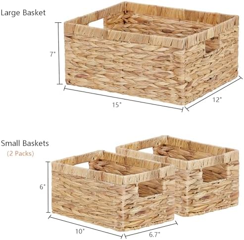 Vagusicc Wicker Basket, Set of 3 Hand-woven Storage Baskets for Organizing, Water Hyacinth Wicker Storage Basket Bins with Handles, Small Toilet Paper Storage Baskets for Shelves Pantry Baskets - Image 2