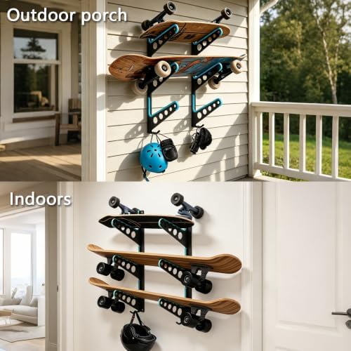 Skateboard Rack Wall Mount with Hooks, Metal Holder for Longboards, Snowboards and Skis, Sports Equipment Organizer for Home Garage - Image 4