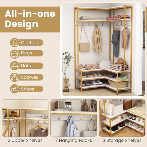 GIANTEX Corner Coat Rack, L-Shaped Hall Tree with Bench and Shoe Storage - Image 3