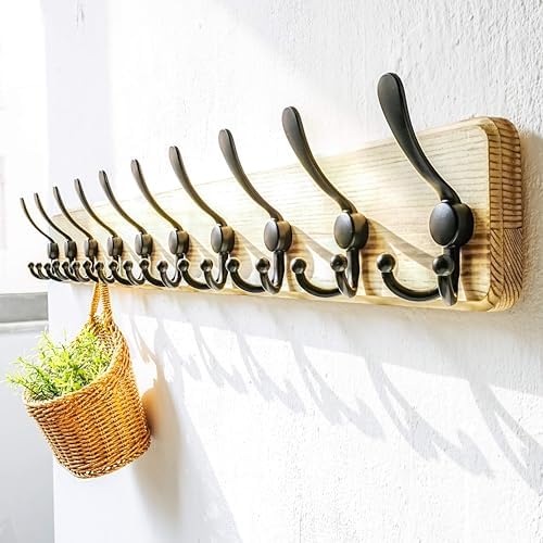 Dseap Coat Rack Wall - Heavy-Duty 38-1/4" Long, with Reinforced 10 Custom Tri-Hooks, Solid Wood Wall Hanger for Coats Hat Jackets - Rustic Farmhouse Entryway Hallway Storage, Light Brown & Black - Image 2